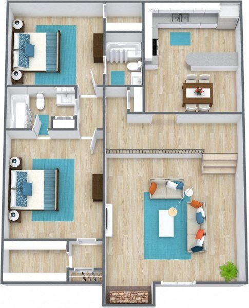 Three dimensional image of a two bedroom two bathroom floor plan